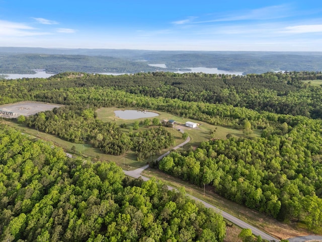 birds eye view of property with a water view and a view of trees