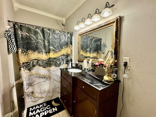 full bathroom with vanity, ornamental molding, and tile patterned flooring