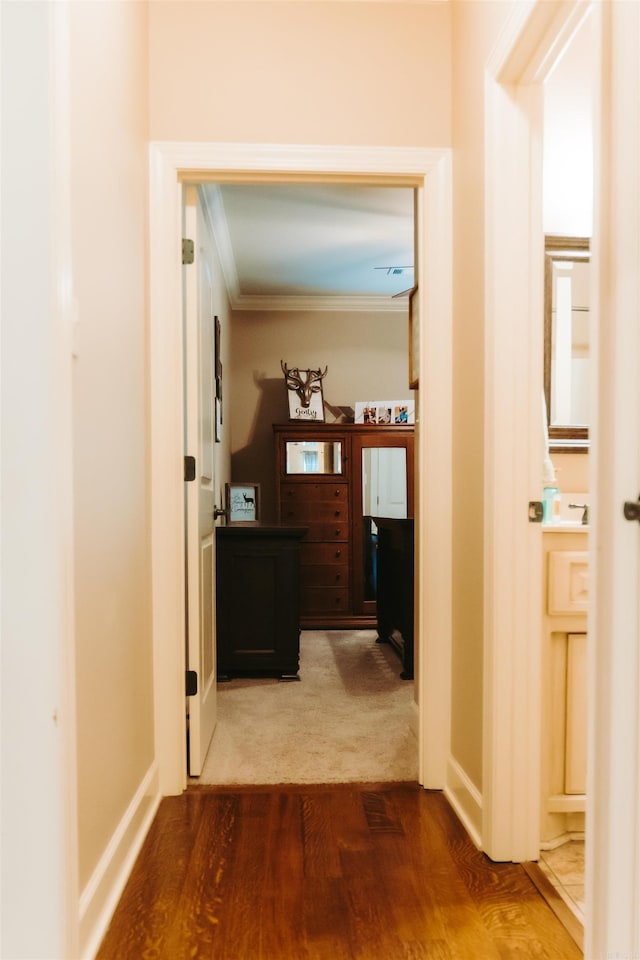 hallway featuring baseboards, wood finished floors, and crown molding