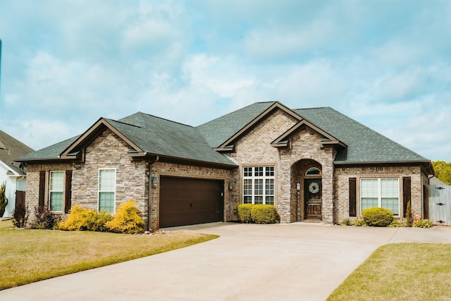 french country inspired facade featuring roof with shingles, concrete driveway, a front yard, and a garage