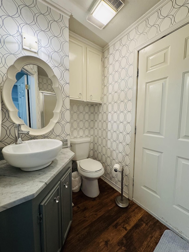 22 Azalea, Magnolia, AR 71753 - bathroom with visible vents, wallpapered walls, toilet, wood finished floors, and vanity
