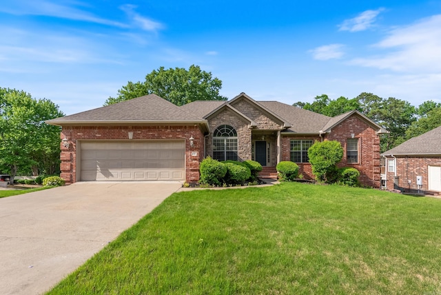 ranch-style house featuring an attached garage, driveway, a front lawn, and brick siding