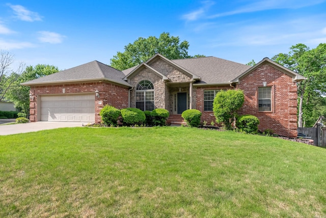 ranch-style house with a garage, brick siding, fence, a front lawn, and concrete driveway