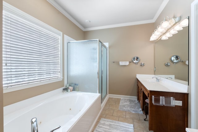 full bathroom featuring crown molding, a shower stall, a jetted tub, and vanity