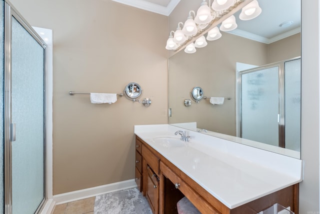 bathroom featuring crown molding, baseboards, a stall shower, and vanity