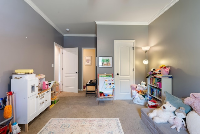 playroom with light colored carpet and ornamental molding