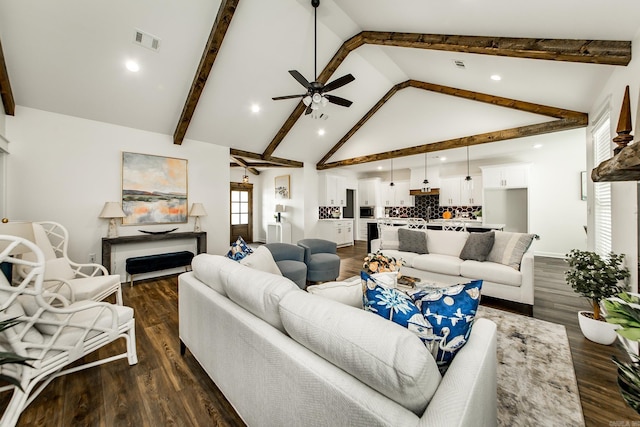 living room with beamed ceiling, ceiling fan, high vaulted ceiling, visible vents, and dark wood finished floors