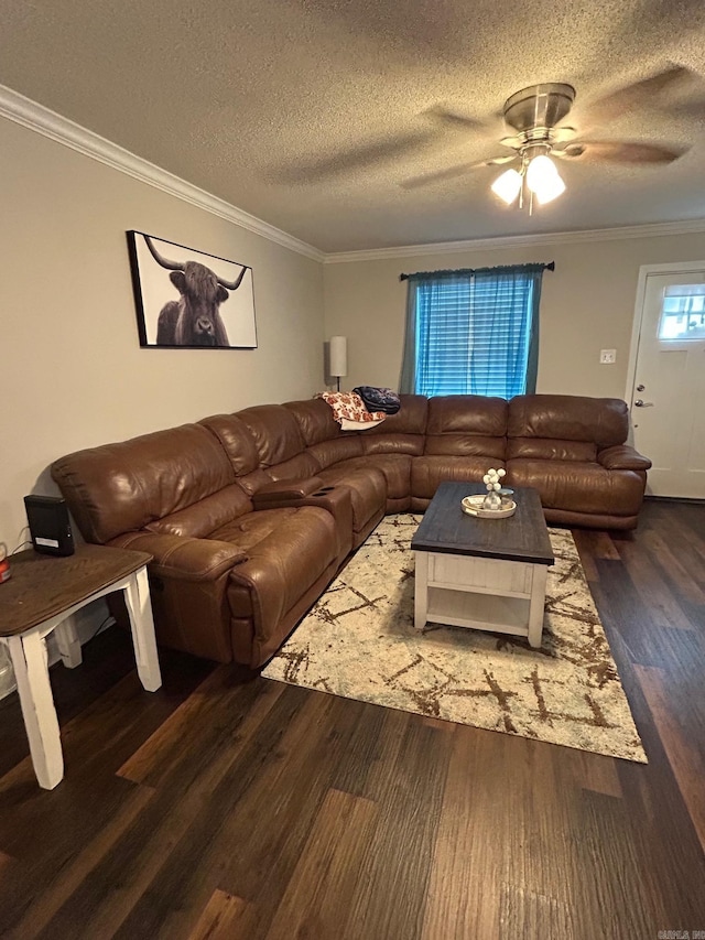 living room featuring dark wood-style flooring, a ceiling fan, ornamental molding, and a textured ceiling