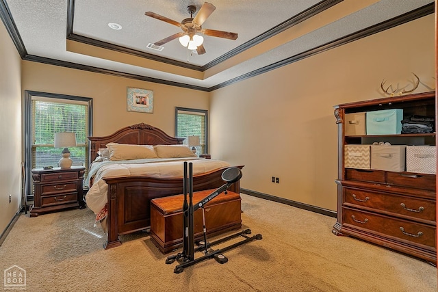 bedroom featuring crown molding, multiple windows, and light colored carpet