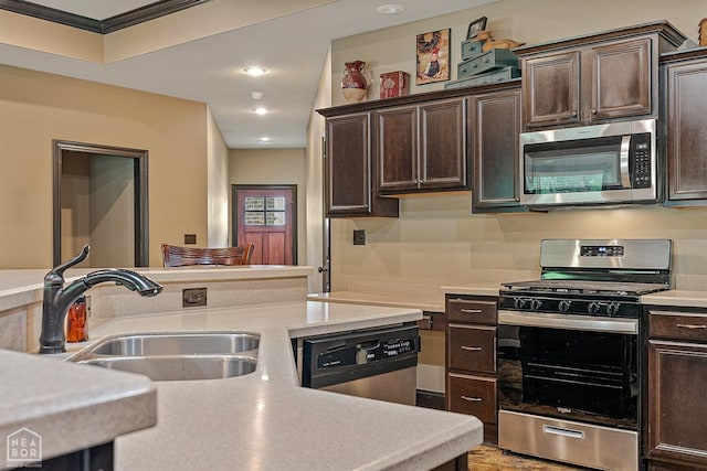 kitchen featuring dark brown cabinetry, a sink, stainless steel appliances, and light countertops