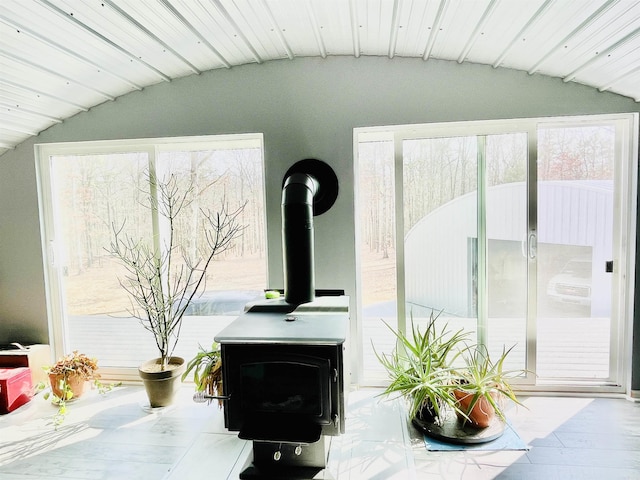 room details featuring a wood stove