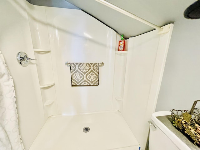 bathroom with toilet and a shower with shower curtain