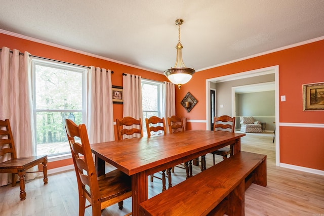 dining room featuring baseboards, light wood-type flooring, ornamental molding, and a textured ceiling