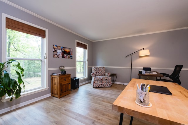 office space featuring crown molding, baseboards, wood finished floors, and a healthy amount of sunlight