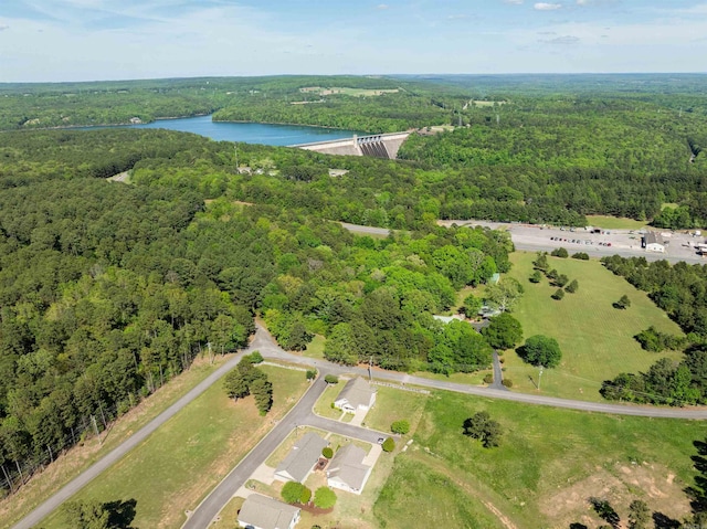 bird's eye view featuring a water view and a wooded view