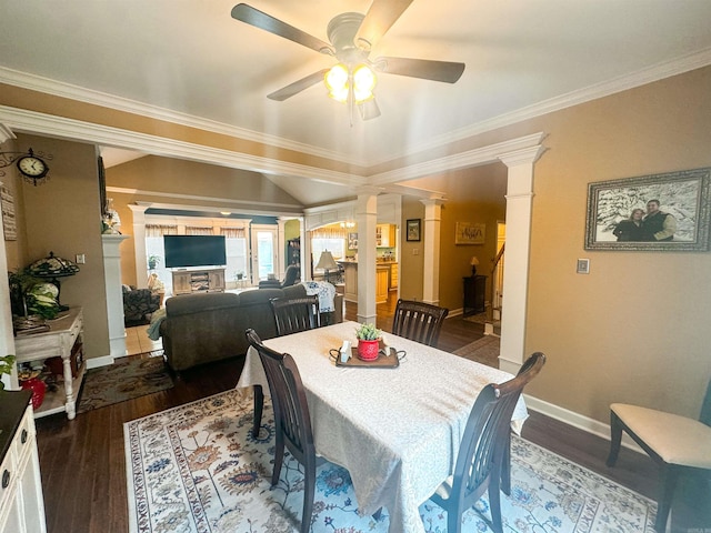 7 Samantha Cir, Searcy, AR 72143 - dining area with ceiling fan, dark wood-style floors, baseboards, ornamental molding, and decorative columns