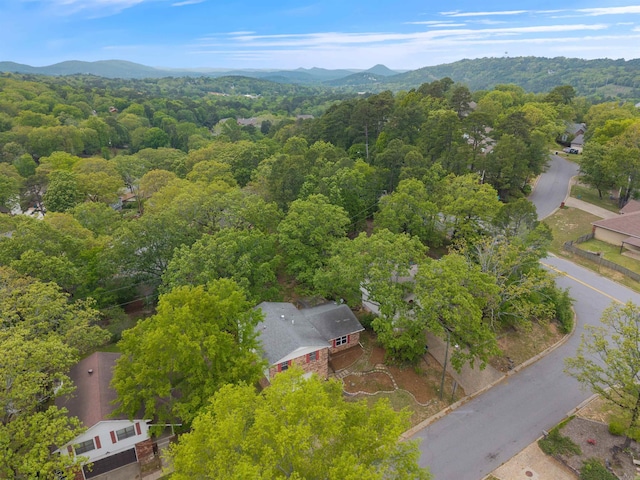 birds eye view of property featuring a mountain view and a view of trees