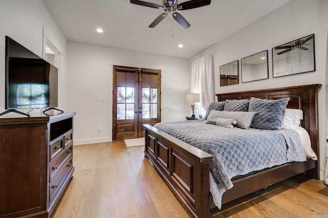 bedroom with french doors, recessed lighting, light wood-style flooring, and baseboards