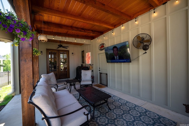 view of patio with ceiling fan, french doors, and an outdoor hangout area