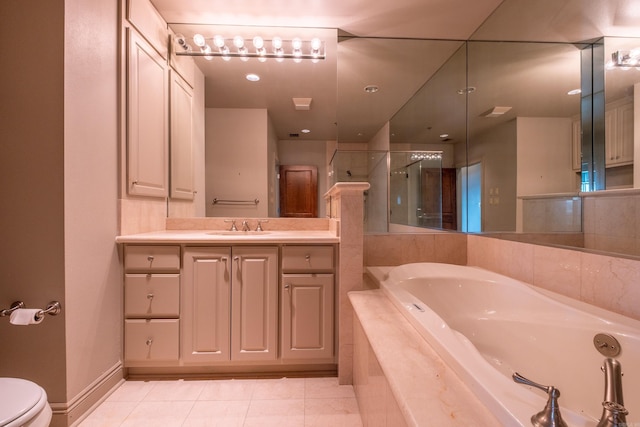 bathroom featuring walk in shower, tile patterned floors, toilet, a bath, and vanity