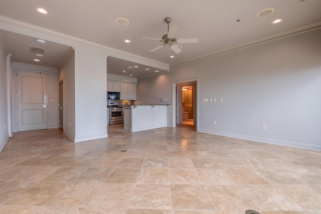 unfurnished living room featuring baseboards, recessed lighting, ornamental molding, and a ceiling fan