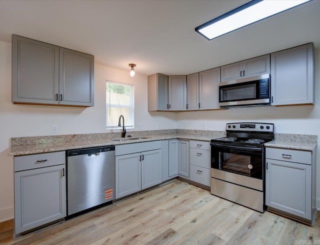 kitchen featuring gray cabinets, appliances with stainless steel finishes, and a sink