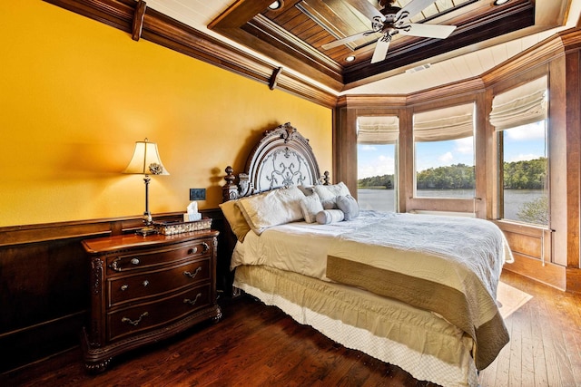 bedroom with coffered ceiling, wood ceiling, crown molding, visible vents, and dark wood-type flooring