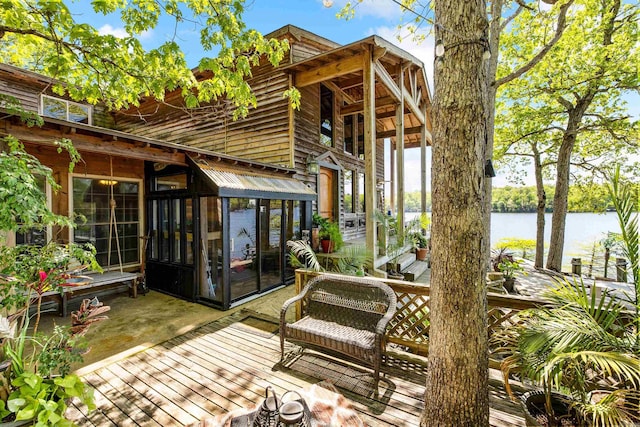 exterior space with a water view