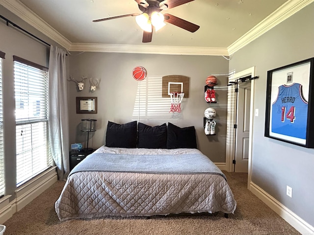 bedroom with carpet floors, ceiling fan, ornamental molding, and baseboards