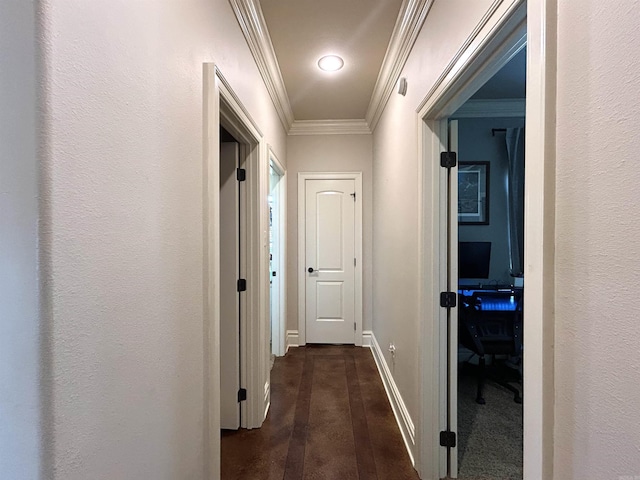 hallway featuring crown molding and baseboards