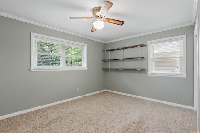 empty room featuring crown molding, baseboards, and carpet floors