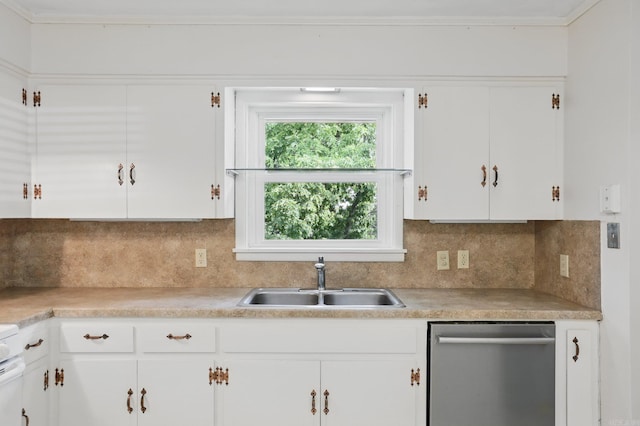 kitchen featuring white cabinetry, dishwasher, light countertops, and a sink