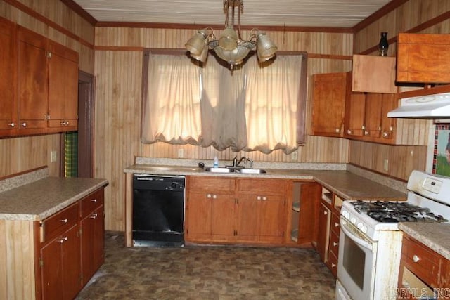 kitchen featuring a chandelier, under cabinet range hood, white range with gas cooktop, dishwasher, and a sink
