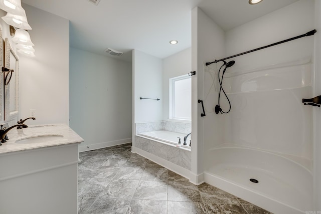 full bathroom with double vanity, a bath, visible vents, a shower, and baseboards