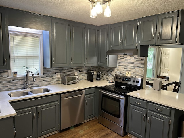 kitchen with a sink, under cabinet range hood, gray cabinetry, and stainless steel appliances