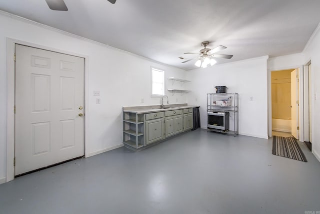interior space featuring baseboards, finished concrete floors, and ceiling fan