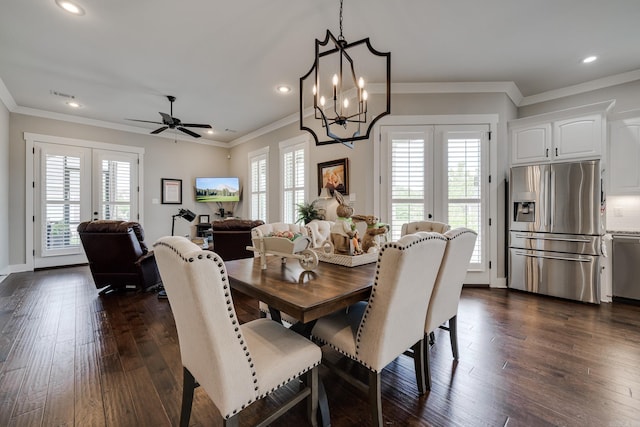dining space with french doors, recessed lighting, and visible vents