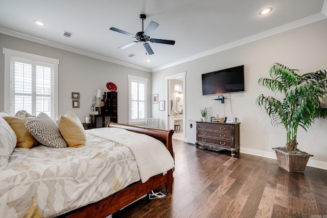 bedroom with crown molding, recessed lighting, wood finished floors, and multiple windows