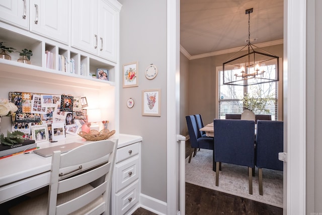 home office with crown molding, baseboards, a chandelier, and dark wood-type flooring