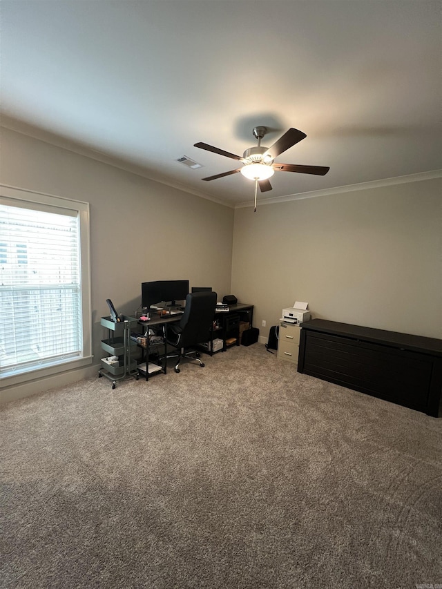 2560 Lilac Dr, Conway, AR 72034 - office area featuring crown molding, carpet floors, and ceiling fan
