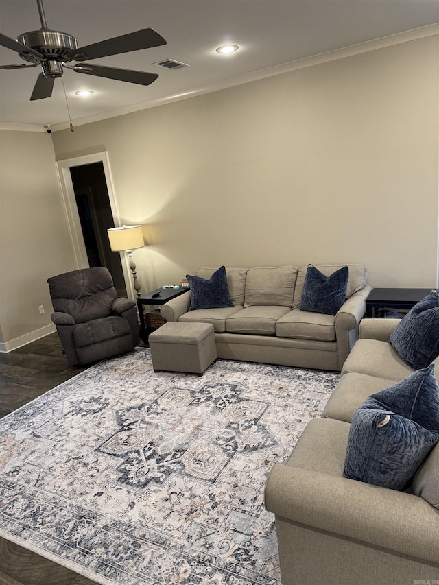 2560 Lilac Dr, Conway, AR 72034 - living room with wood finished floors, crown molding, baseboards, ceiling fan, and recessed lighting