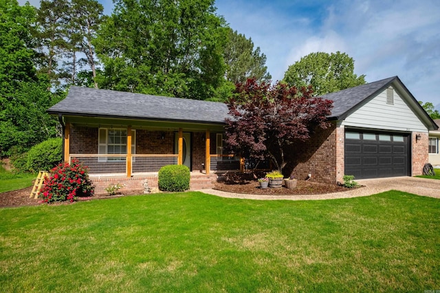 single story home featuring an attached garage, brick siding, a porch, a front yard, and concrete driveway