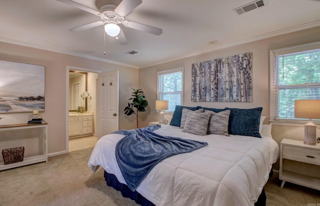 2200 Andover Ct, Little Rock, AR 72227 - bedroom featuring crown molding, light colored carpet, visible vents, and ensuite bathroom
