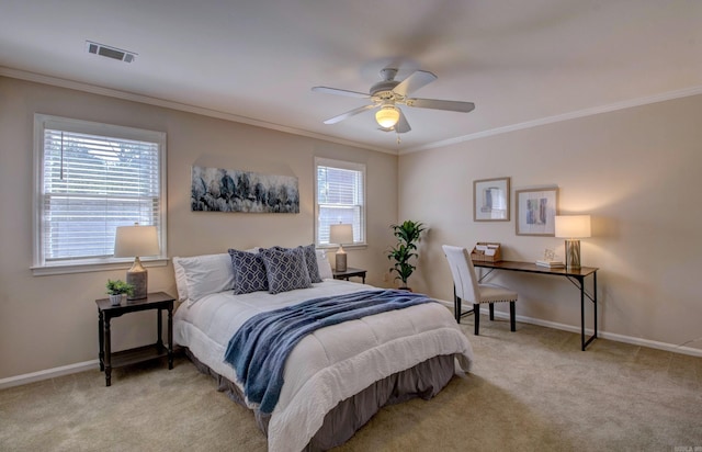 2200 Andover Ct, Little Rock, AR 72227 - carpeted bedroom with crown molding, baseboards, visible vents, and ceiling fan