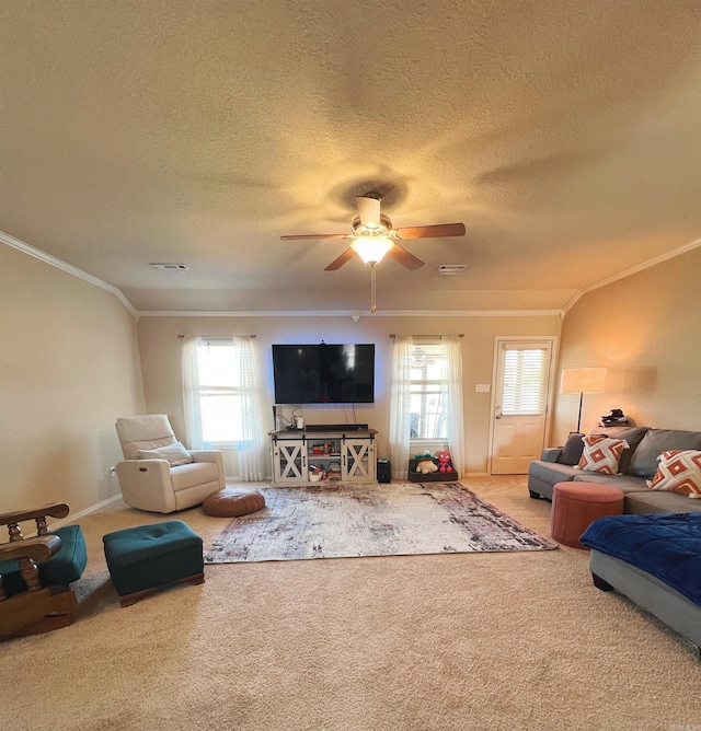 4630 Bedrock Dr, Jonesboro, AR 72404 - living area with carpet floors, ornamental molding, a ceiling fan, and a textured ceiling