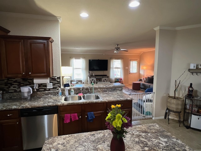 4630 Bedrock Dr, Jonesboro, AR 72404 - kitchen featuring crown molding, open floor plan, ceiling fan, a sink, and dishwasher