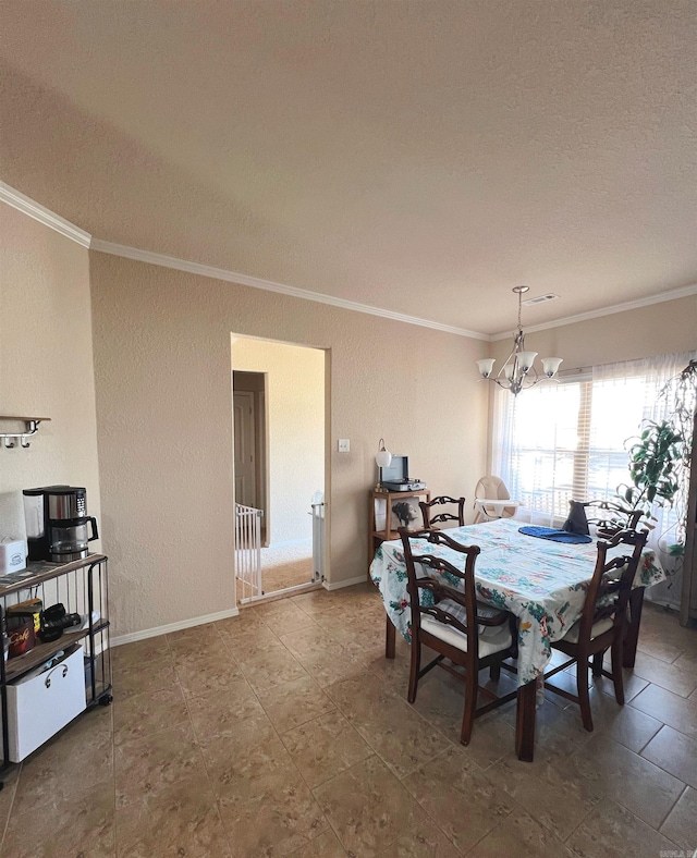4630 Bedrock Dr, Jonesboro, AR 72404 - dining area with an inviting chandelier, ornamental molding, a textured wall, baseboards, and a textured ceiling