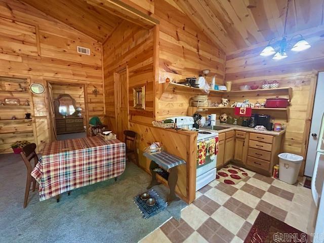 interior space with wooden walls, white electric range oven, and vaulted ceiling