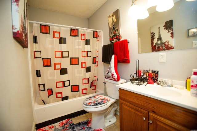 full bathroom featuring toilet, tile patterned floors, shower / bathtub combination with curtain, and vanity