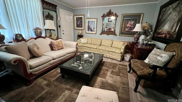living room with crown molding